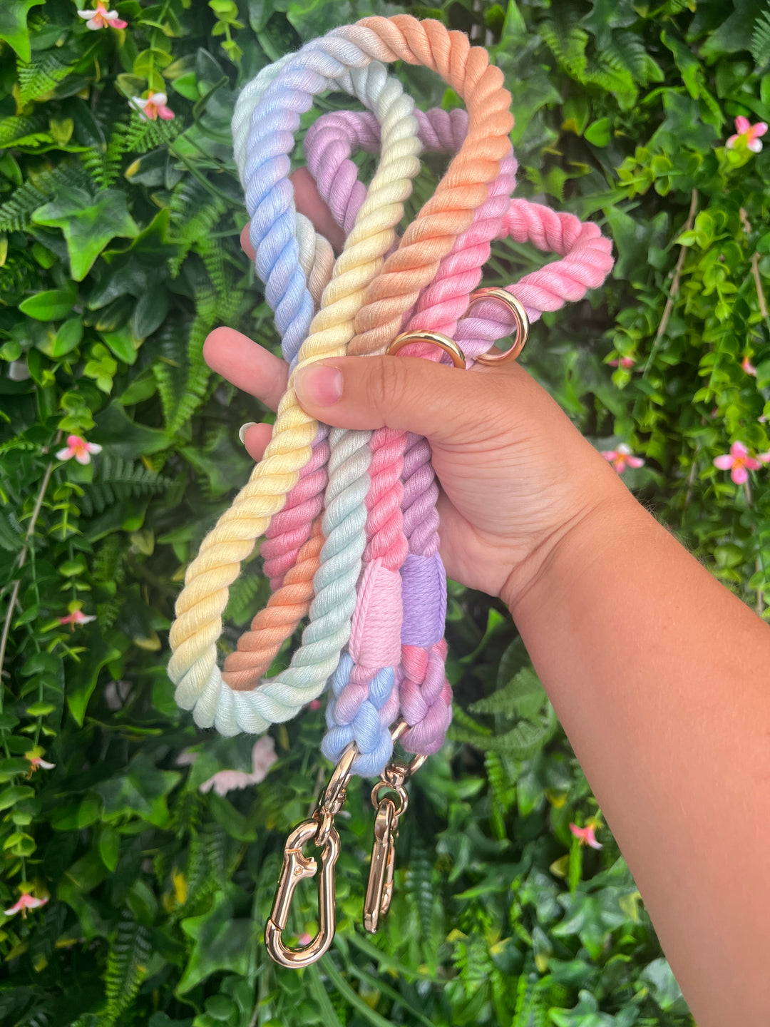 OUTLET- Sample: Ombre Pastel Rainbow Rope training Lead, Double ended Clips, Extra Long, Gold