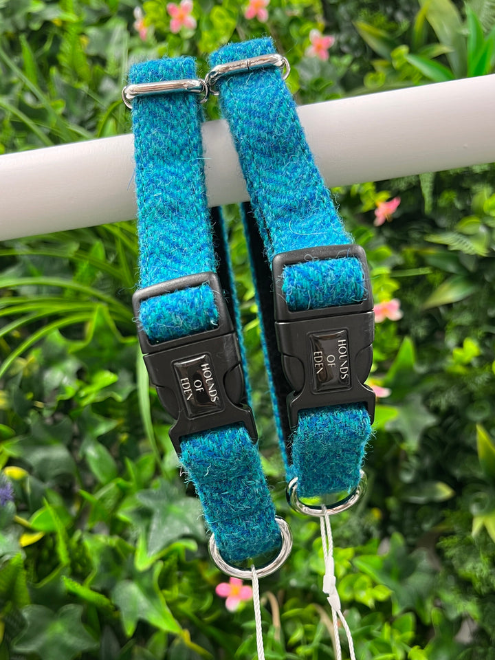 OUTLET- New: Harris Tweed Teal Herringbone Collar, Size Small, Silver, ‘Bruce’